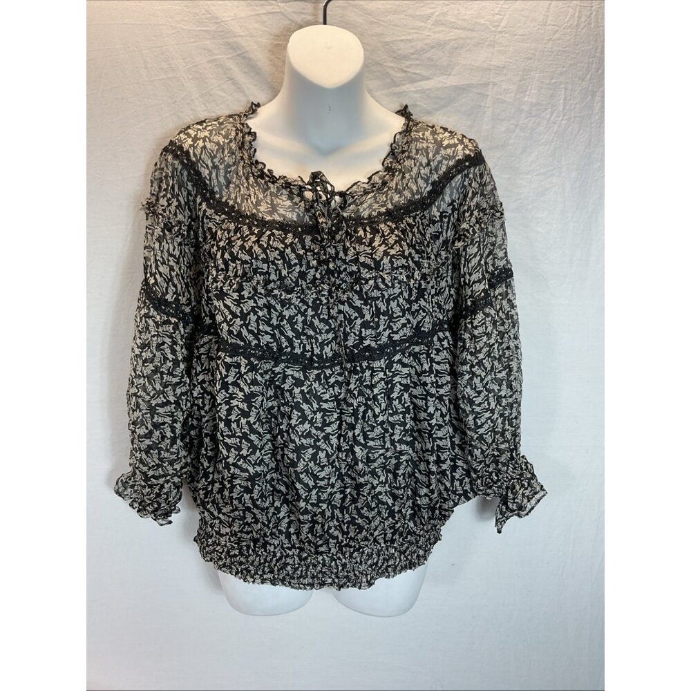 SUNDANCE Black White Cat Long Sleeve Ruffle Silk Peasant Top M novelty‎